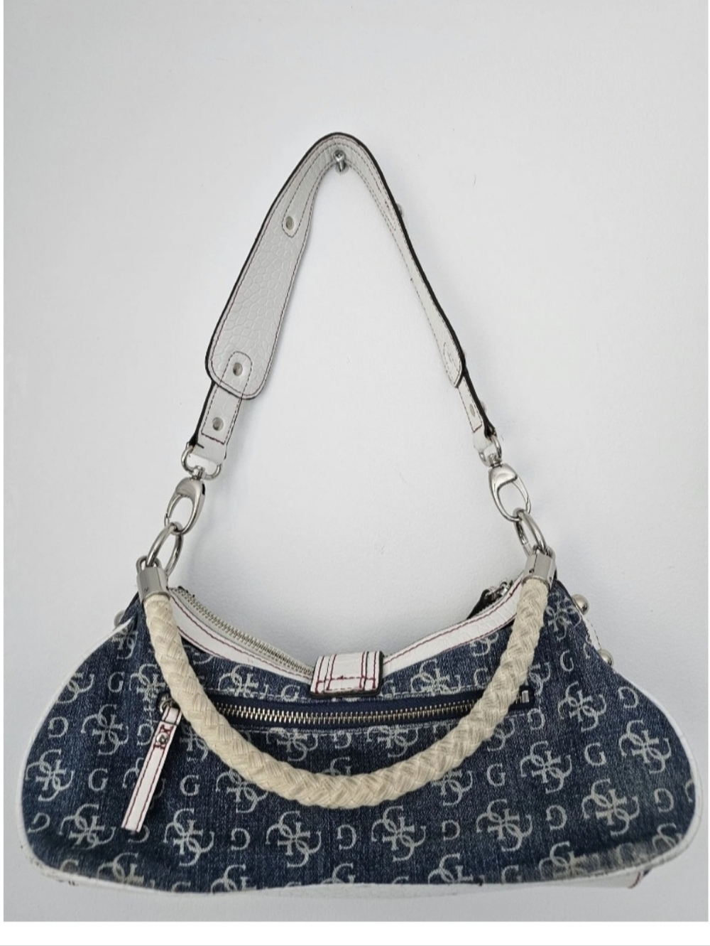 Guess Navy and White Monogram Shoulder Bag with Braided Top Handle - Picture 3 of 7
